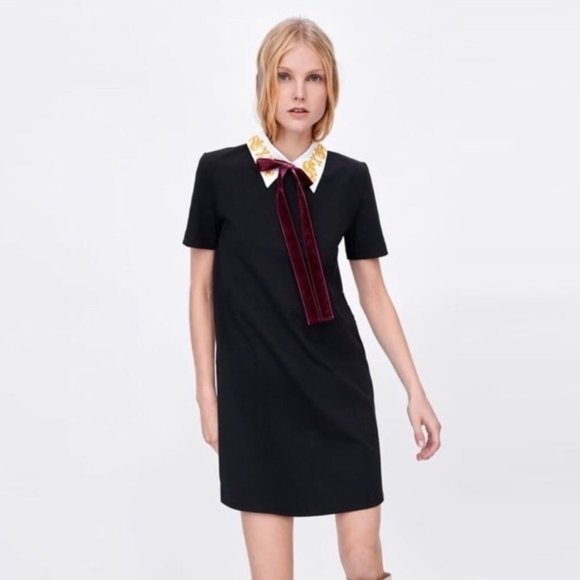ZARA Black White Collar Pussy Bow Smock Mini Dress - Picture 12 of 14